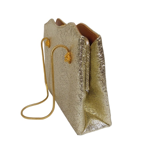 Vintage Gold Metallic Lamé Evening Handbag with Metal Rosette Clasp - Picture 1 of 11